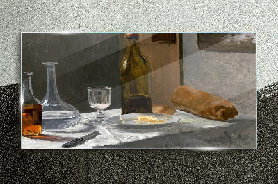 Still life with bottles and glass Glass art print