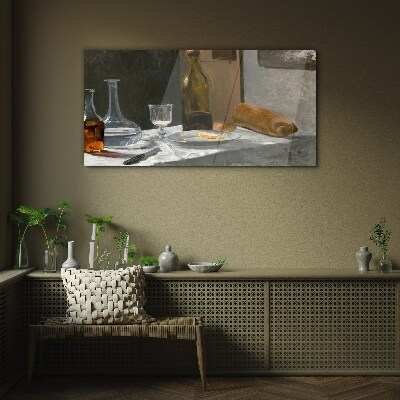 Still life with bottles and glass Glass art print