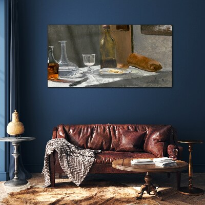 Still life with bottles and glass Glass art print