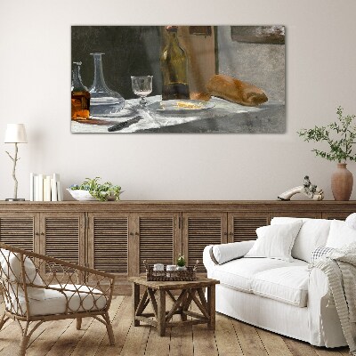 Still life with bottles and glass Glass art print