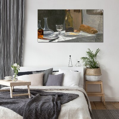 Still life with bottles and glass Glass art print