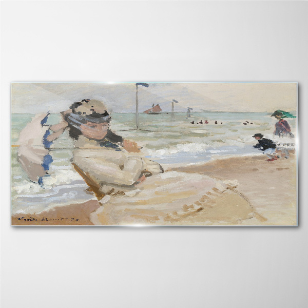 Woman on the beach with an umbrella Wall art on glass