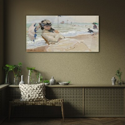 Woman on the beach with an umbrella Wall art on glass