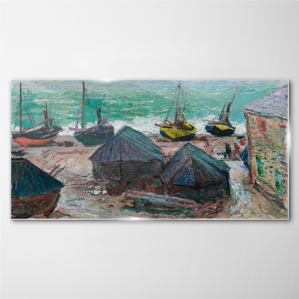 Boats on the beach monet Glass Print