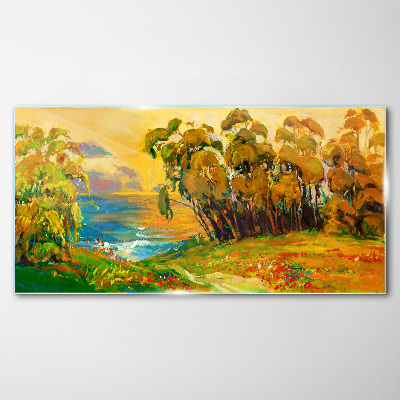 Golden trees over blue sea Wall art on glass