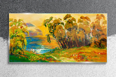 Golden trees over blue sea Wall art on glass