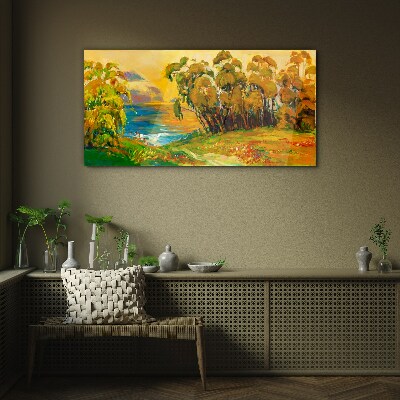 Golden trees over blue sea Wall art on glass