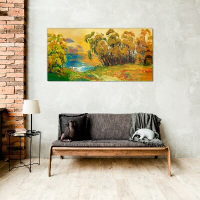 Golden trees over blue sea Wall art on glass