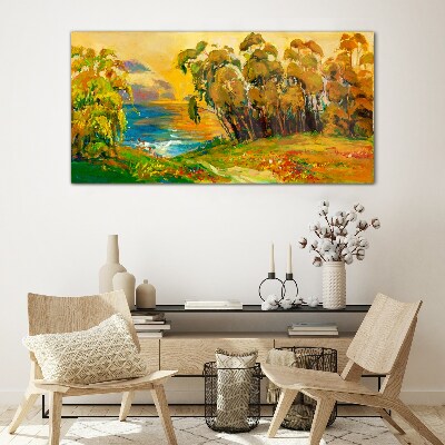 Golden trees over blue sea Wall art on glass