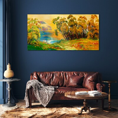 Golden trees over blue sea Wall art on glass