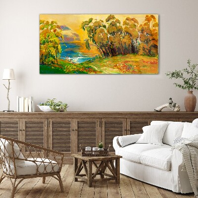 Golden trees over blue sea Wall art on glass