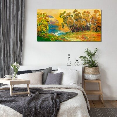 Golden trees over blue sea Wall art on glass