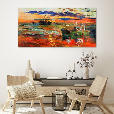 Ocean ships sky Glass Print