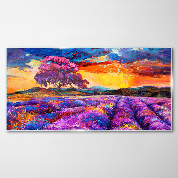Purple lavender fields at sunset Wall art on glass