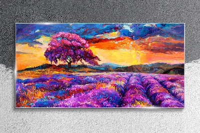 Purple lavender fields at sunset Wall art on glass