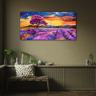 Purple lavender fields at sunset Wall art on glass