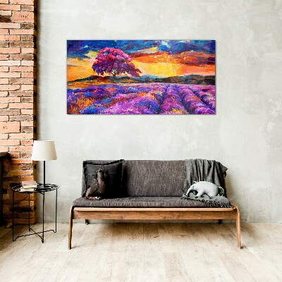 Purple lavender fields at sunset Wall art on glass