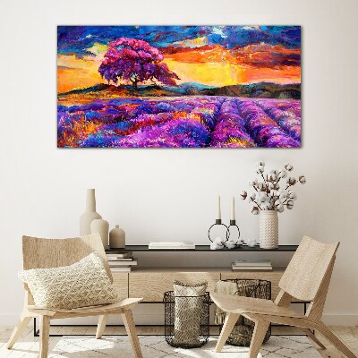 Purple lavender fields at sunset Wall art on glass