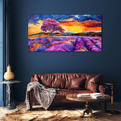 Purple lavender fields at sunset Wall art on glass