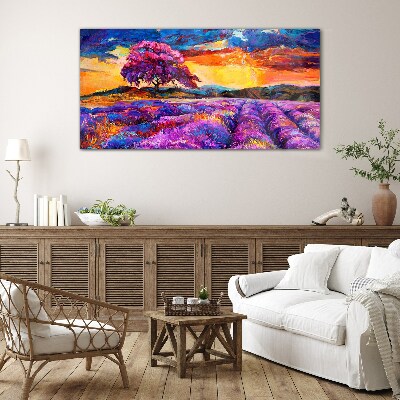 Purple lavender fields at sunset Wall art on glass