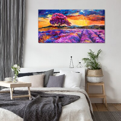 Purple lavender fields at sunset Wall art on glass