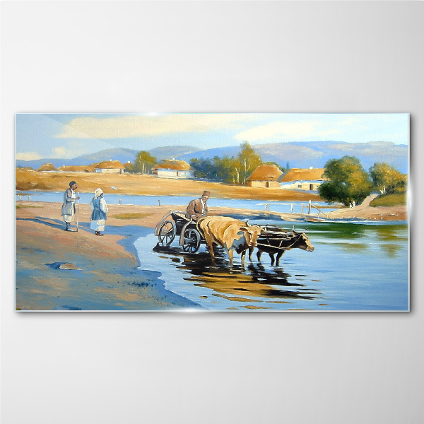 Rural landscape with oxen Wall art on glass
