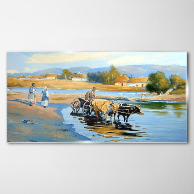 Rural landscape with oxen Wall art on glass