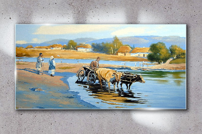 Rural landscape with oxen Wall art on glass