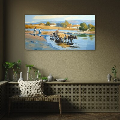 Rural landscape with oxen Wall art on glass