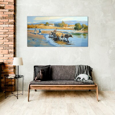 Rural landscape with oxen Wall art on glass