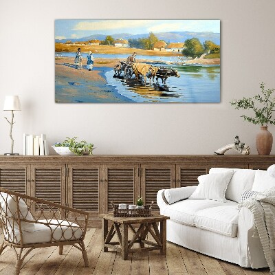 Rural landscape with oxen Wall art on glass