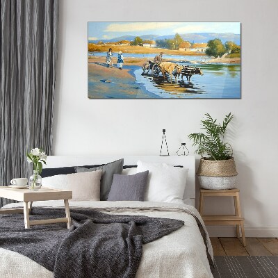 Rural landscape with oxen Wall art on glass