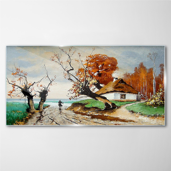 Autumn scenery with a country house Glass art print