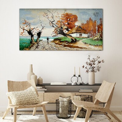 Abstraction tree village cottages Glass Wall Art