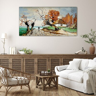 Abstraction tree village cottages Glass Wall Art