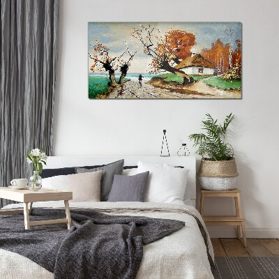 Autumn scenery with a country house Glass art print