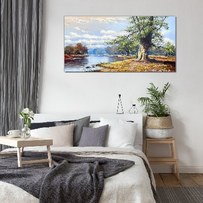 Forest river landscape with clouds Glass Wall Art