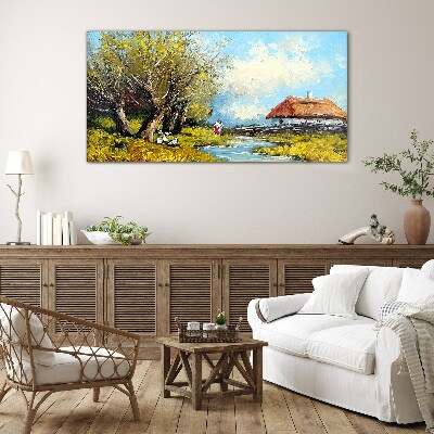 Countryside landscape with a cottage and trees Glass art print