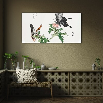 Butterflies against the background of vegetation Glass art print
