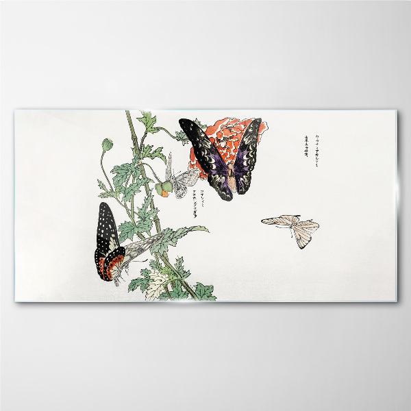 Butterflies on a background of flowers Glass art print