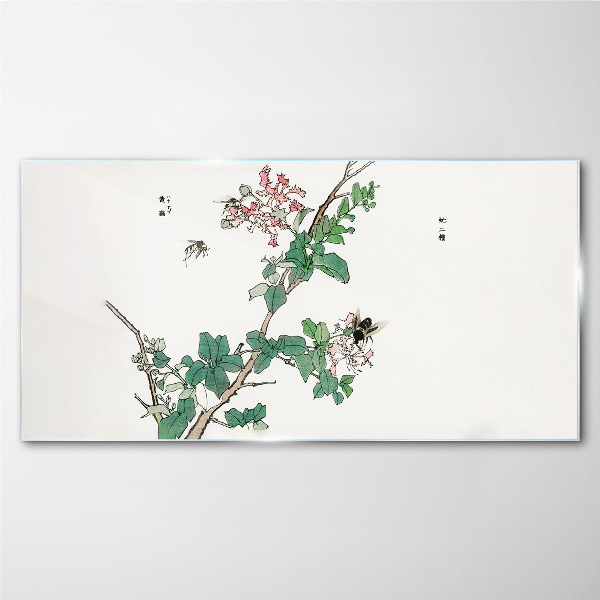 Flower branch with insects Glass art print