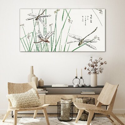 Slender dragonflies in green surroundings Wall art on glass