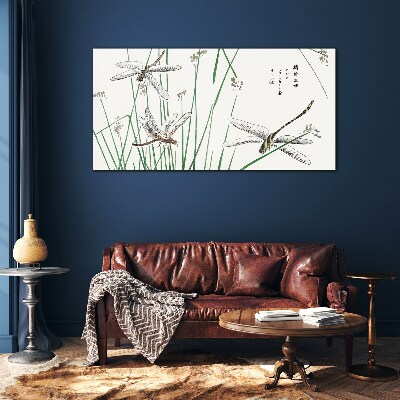 Slender dragonflies in green surroundings Wall art on glass