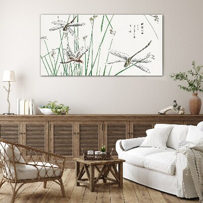 Slender dragonflies in green surroundings Wall art on glass