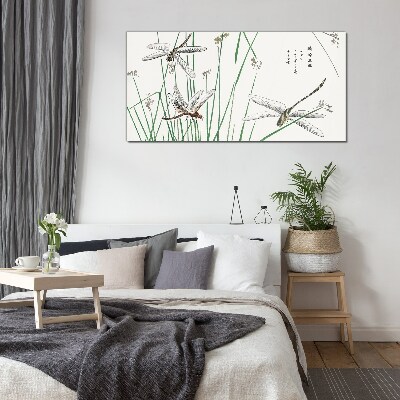 Slender dragonflies in green surroundings Wall art on glass