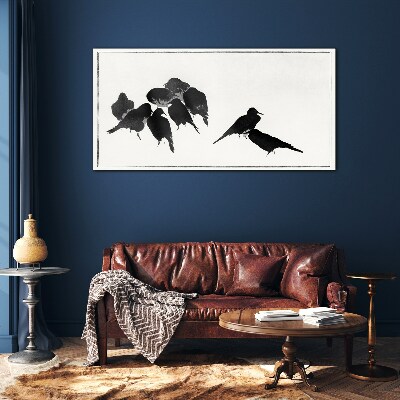 Black birds on white background Glass art print