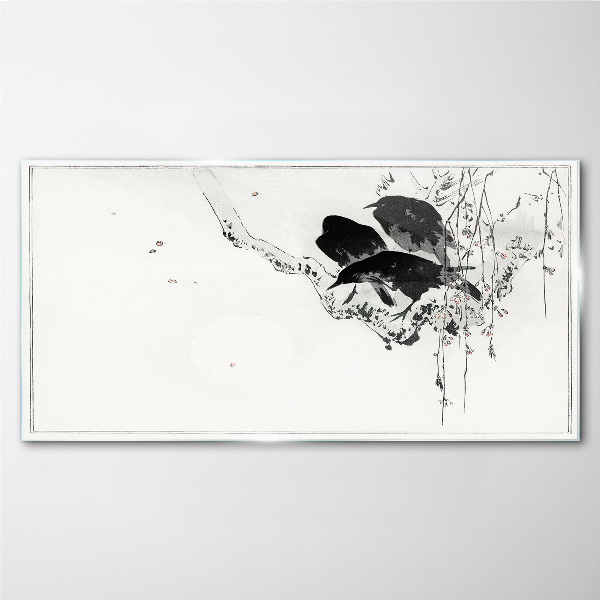 Black birds on a branch Wall art on glass
