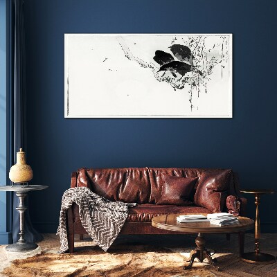 Black birds on a branch Wall art on glass