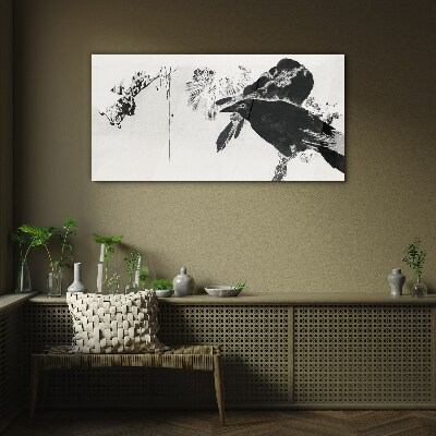 Black bird against the background of nature Glass art print