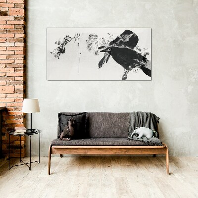 Black bird against the background of nature Glass art print